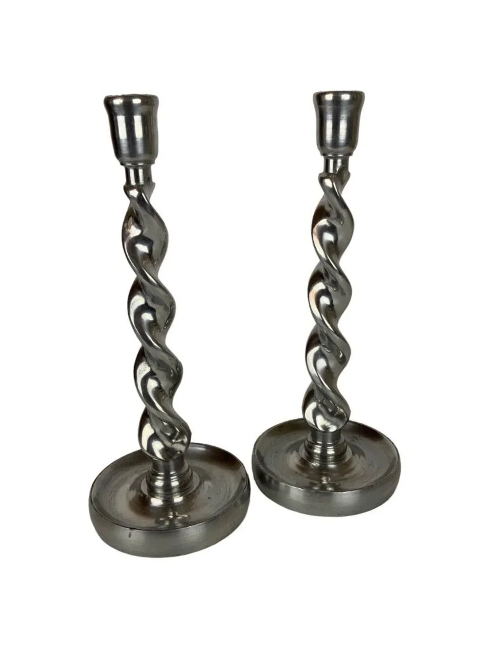 Arthur Court Barley Twist Candlesticks Holders Pair Shiny Pewter Aluminum 1987